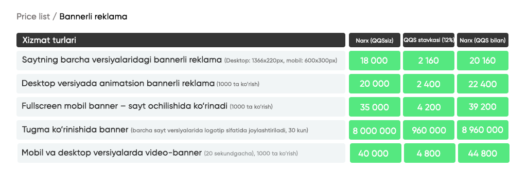 banner price uzb